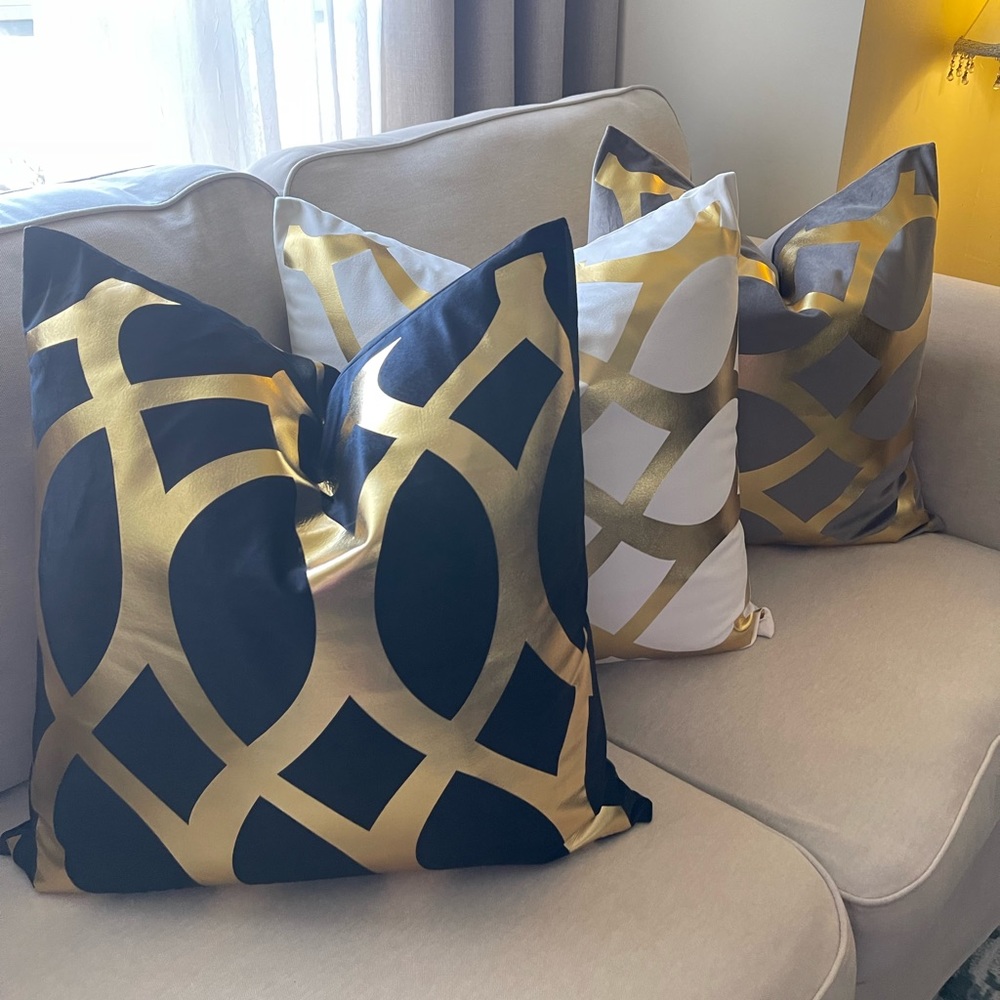 Two Luxury velvet  pillow grey,white, black with foil gold print Cover - Picture 10 of 17